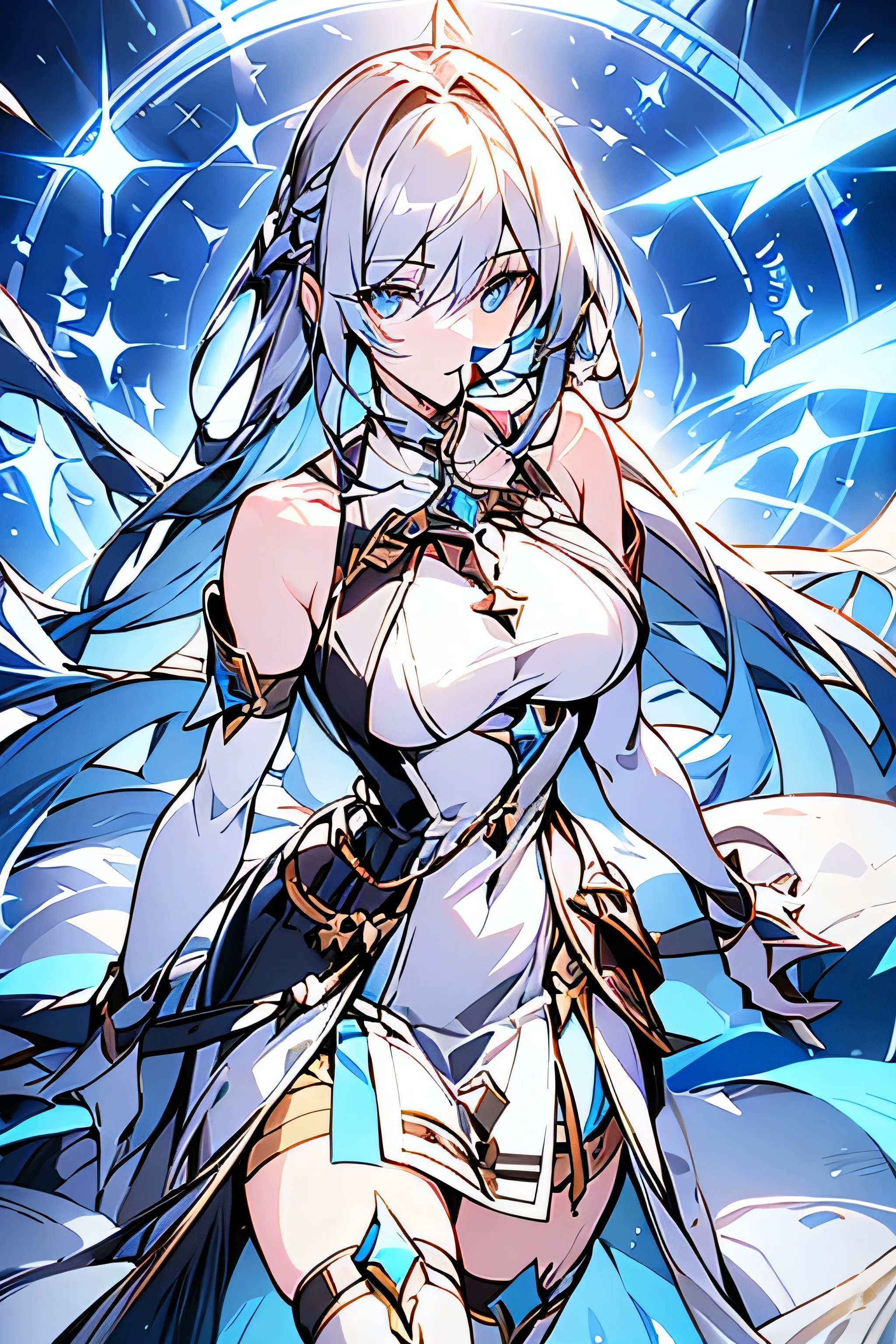 ((Best Quality, 8K, Best Masterpiece)) Anime characters with long gray hair and blue eyes, Anime visuals of young women, Today's featured anime stills, God of White Hair, official art, cute girl anime visuals, Popular isekai anime, Tsuaii, Marisa Kirigami, Anime movies, TV anime still, Isekai, Hestia, Albedo of Anime Overlord Transparency 　Blue small ribbon in hair smile