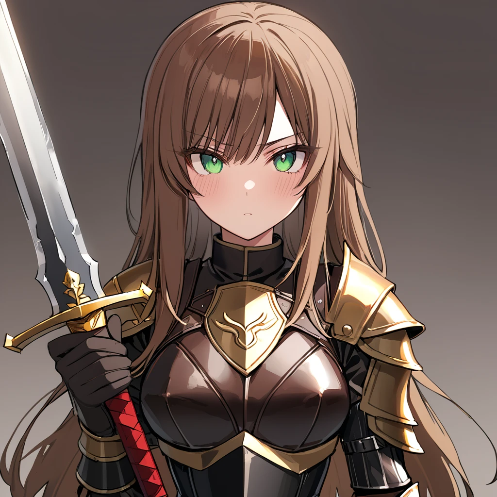 1girl, mercenary, holding a sword, dark skinned, masterpiece, perfect hands, green eyes, long hairs, brown hair, blushing, serious expressioni, extremaly detailed eyes, leather armor, looking at viewer, no helmet, simple sword, kuna2
