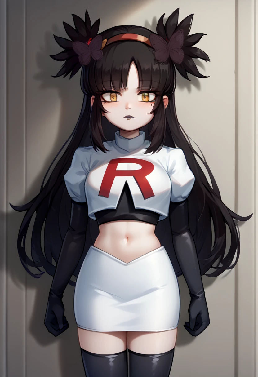 score_9, score_8_up, score_7_up, source_anime, solo, 1girl, mwophelia, mole under mouth, blush, looking at viewer, two side up, butterfly hair ornament, hairband, team rocket,team rocket uniform,white skirt,red letter R,crop top,black thigh-highs,black elbow gloves