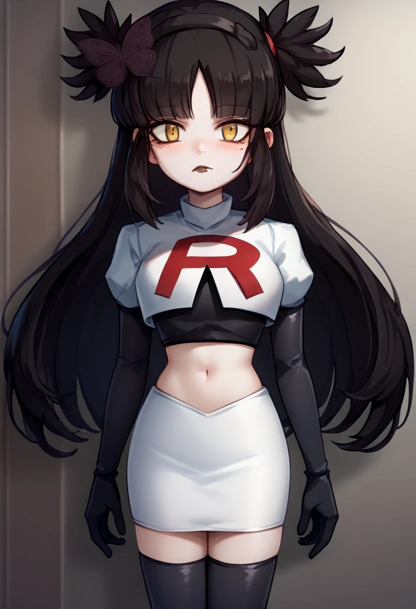 score_9, score_8_up, score_7_up, source_anime, solo, 1girl, mwophelia, mole under mouth, blush, looking at viewer, two side up, butterfly hair ornament, hairband, team rocket,team rocket uniform,white skirt,red letter R,crop top,black thigh-highs,black elbow gloves