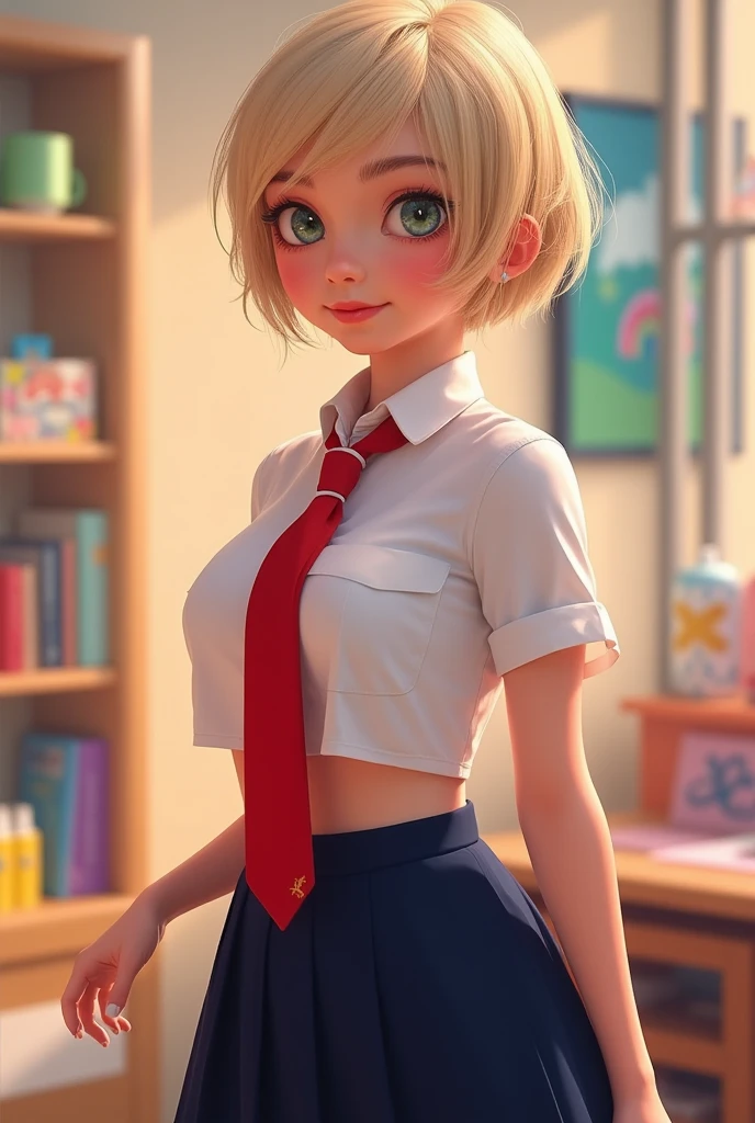 Emma Myers, short blonde hair  , Schoolgirl, camisa blanca, red tie,  showing the stomach,Dark blue mini skirt, smile