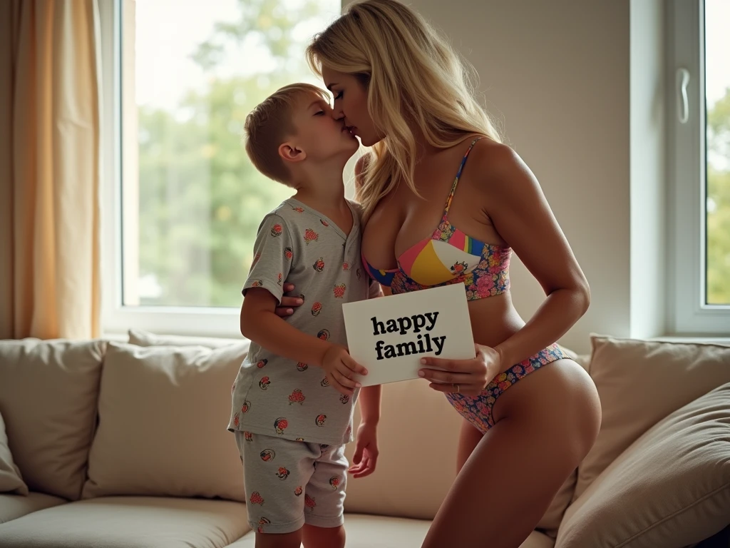 Family portrait, mom on top of son, mom grinding pov, family image, Imagine a cozy living room filled with soft, natural window light. A stylish, lip filler, makeup, confident blonde sexy bombshell milf standing bending down kissing her ***** son and holding a sign that says “happy family” and biting her lip, comfortable, cleavage. She’s wearing colorful slutty cropped tshirt showing cleavage and panties, and biting her lip sensually, blushing and biting her lip as she focuses on the screen. Her **** son, ********* or , is standing next to her, with wide eyes and a big grin. Mom is biting lip and showing ass and cleavage. **** Son is wearing a shirt and pajamas, kissing