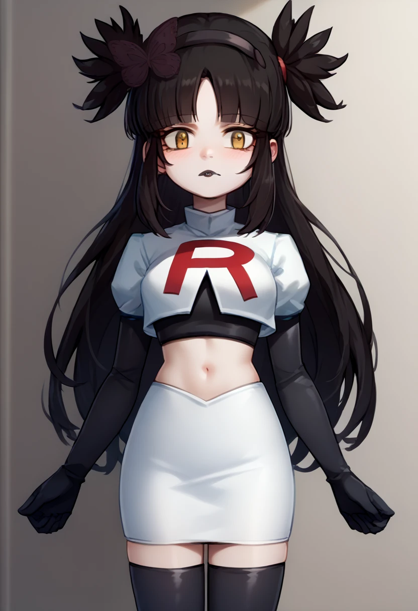 score_9, score_8_up, score_7_up, source_anime, solo, 1girl, mwophelia, mole under mouth, blush, looking at viewer, two side up, butterfly hair ornament, hairband, team rocket,team rocket uniform,white skirt,red letter R,crop top,black thigh-highs,black elbow gloves