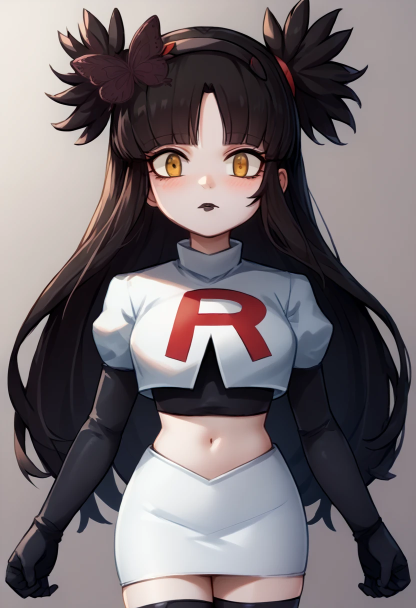 score_9, score_8_up, score_7_up, source_anime, solo, 1girl, mwophelia, mole under mouth, blush, looking at viewer, two side up, butterfly hair ornament, hairband, team rocket,team rocket uniform,white skirt,red letter R,crop top,black thigh-highs,black elbow gloves