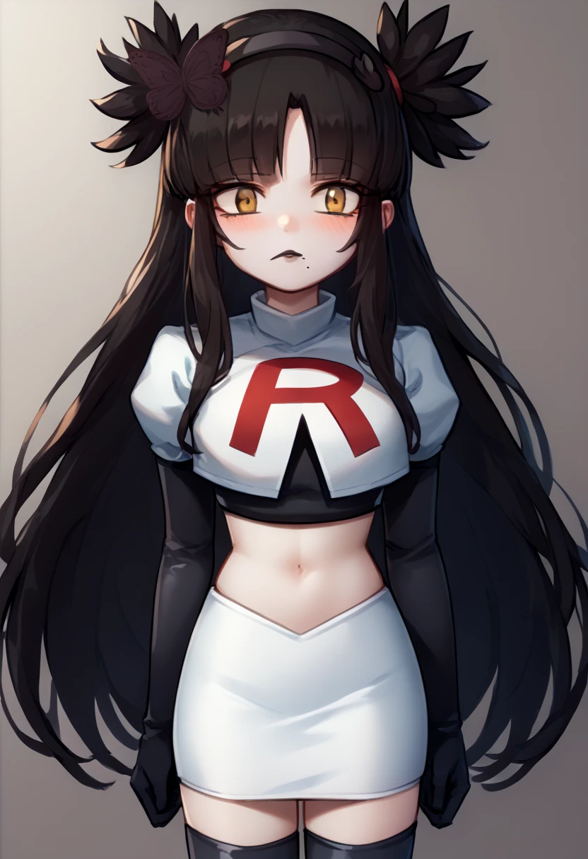 score_9, score_8_up, score_7_up, source_anime, solo, 1girl, mwophelia, mole under mouth, blush, looking at viewer, two side up, butterfly hair ornament, hairband, team rocket,team rocket uniform,white skirt,red letter R,crop top,black thigh-highs,black elbow gloves