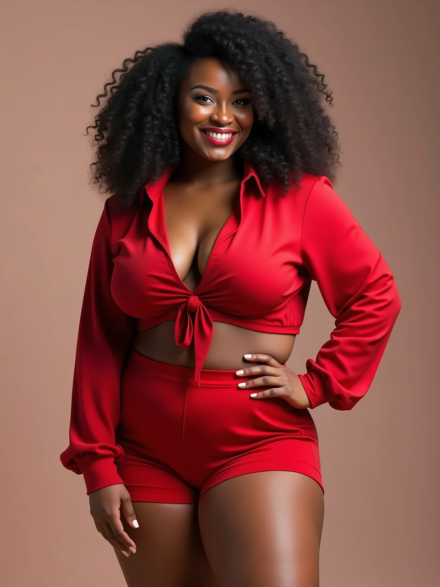 a 19 year old black Brazilian woman with curly hair, a bit chubby and short, with big breasts and a big ass 