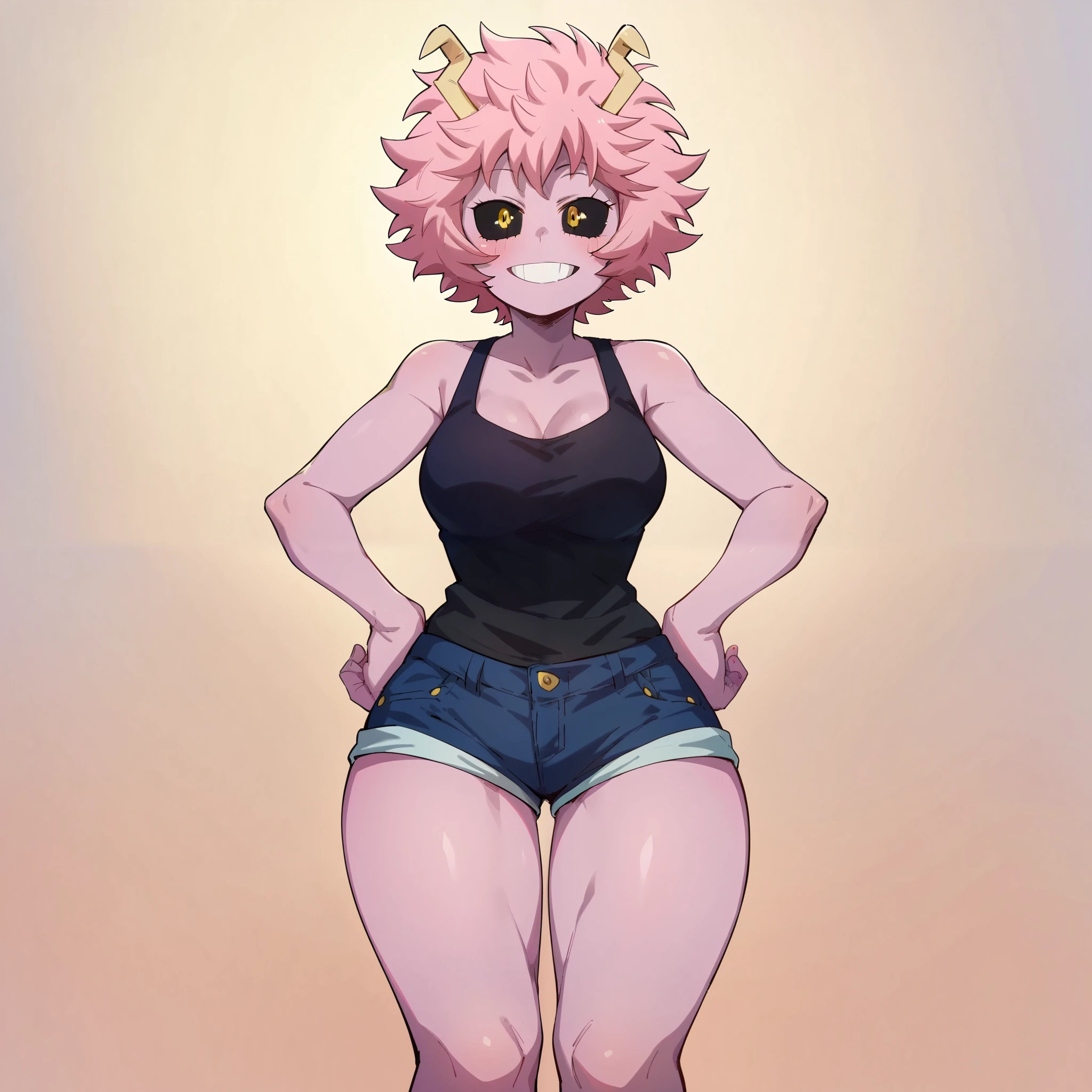 1girl, solo, mina ashido, short hair, medium breasts, yellow eyes, pink hair, horns, colored skin, yellow pupils, colored sclera, black sclera, pink skin, big breasts, wide hips, thick thighs, black tank top, denim shorts, blushed, smile, cute, hands on hips, standing, full body, looking at viewer, simple background, from the front view