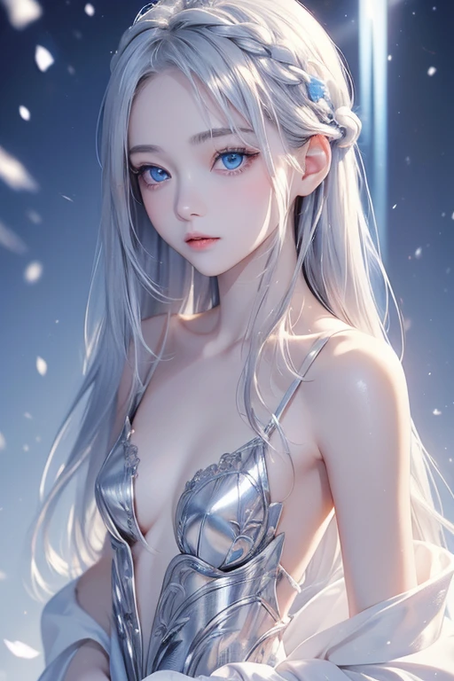 ((top-quality)), ((masuter piece)), (ultra-detailliert:1.4), (32k images), (ultra high detailed), Best Anime, sharpness, The best wallpapers, Phenomenal depiction, the golden ratio, Wind manipulation:1.5, Manipulation of light, (Perfect anatomy without destruction), (Beautiful eyes with detailed and detailed details, Lustrous eyes), (Lustrous hair:1.1, ), (Beautiful face with dense and detailed details), (Beautiful skin with dense and detailed details), (deadpan:1.2), Slim body, Slim belly, thin-waist, a navel, goddes, (Beautiful sparkling white clothes with dense and detailed, Beautiful decoration with dense and detailed details, gemstone), fullmoon:1.1, Backgrounds with depth:1.3, 、Blue hair, Green eyes, Long hair, Starry sky,