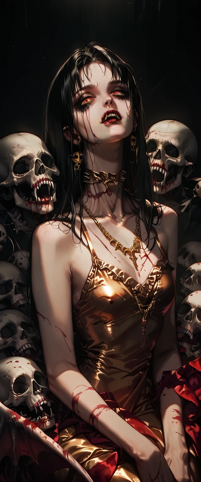  You can see a flat detail of the shoulders, A woman's collarbones and neck , Vampire bite on the neck, blood, has a necklace, nice view, elegant neckline,  elegant dress,  gold dress,  dead flowers , bats, skulls . Detail shot