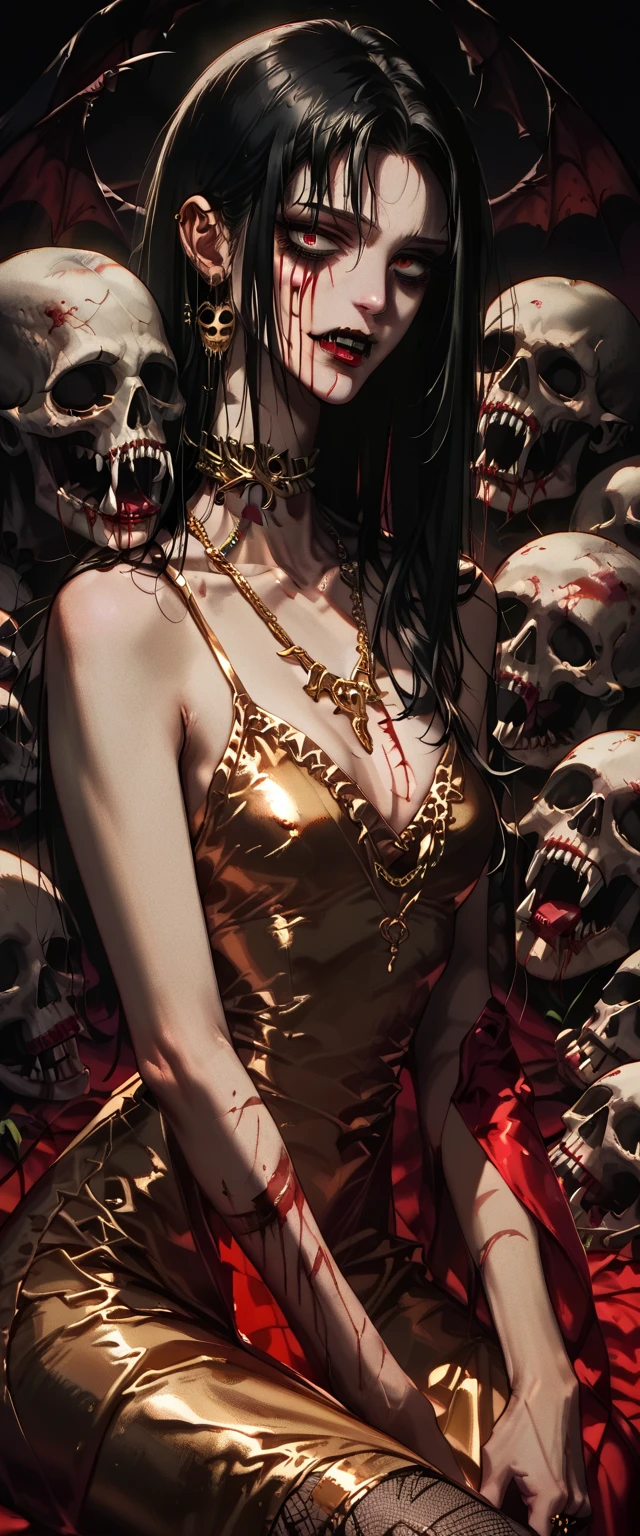  You can see a flat detail of the shoulders, A woman's collarbones and neck , Vampire bite on the neck, blood, has a necklace, nice view, elegant neckline,  elegant dress,  gold dress,  dead flowers , bats, skulls . Detail shot