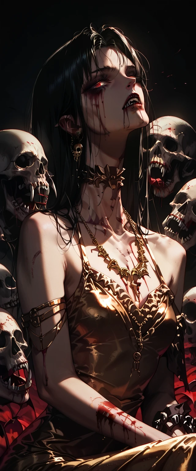  You can see a flat detail of the shoulders, A woman's collarbones and neck , Vampire bite on the neck, blood, has a necklace, nice view, elegant neckline,  elegant dress,  gold dress,  dead flowers , bats, skulls . Detail shot