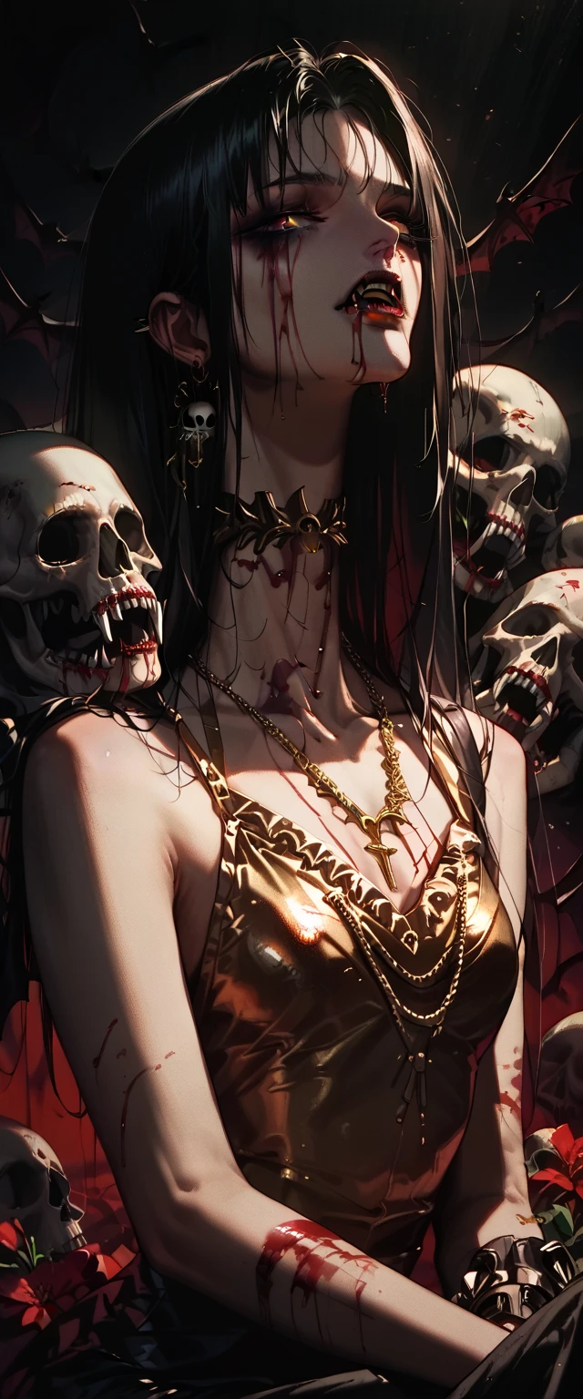  You can see a flat detail of the shoulders, A woman's collarbones and neck , Vampire bite on the neck, blood, has a necklace, nice view, elegant neckline,  elegant dress,  gold dress,  dead flowers , bats, skulls . Detail shot