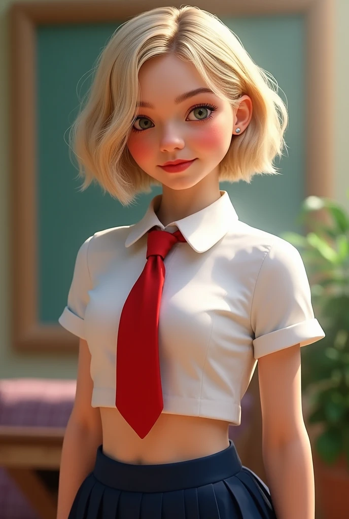 Emma Myers, short blonde hair  , Schoolgirl, camisa blanca, red tie,  showing the stomach,Dark blue mini skirt, smile