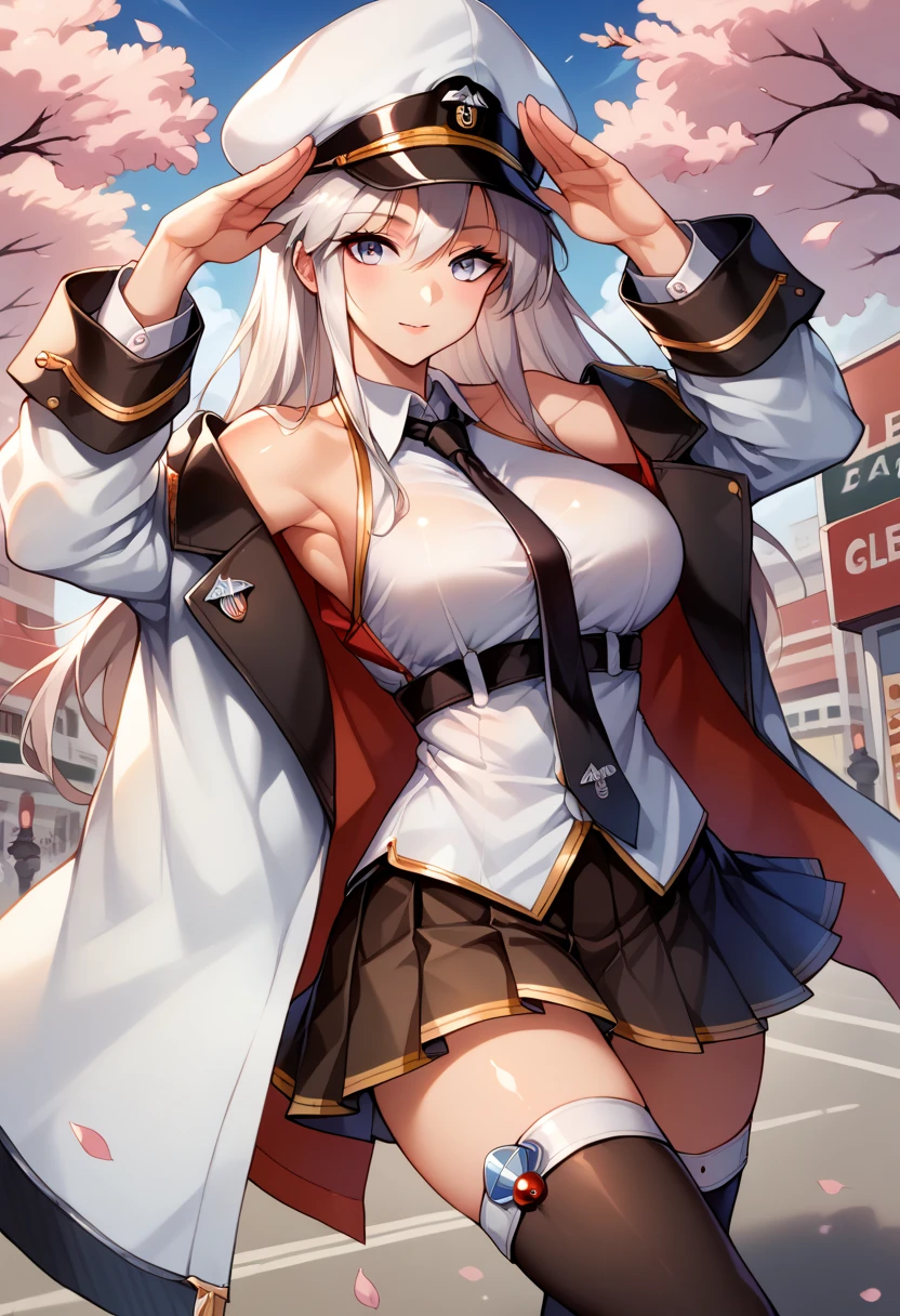 score_9, score_8_up, score_7_up, source_anime, (street, cherry blossoms), (close-up), (curvaceous,, solo, outdoors,shiny skin,looking at viewer, salute,standing,epsd, military hat, eagle union (emblem), necktie, white sleeveless shirt, off shoulder, military coat, pleated skirt, thighhigh, black high heel boots,)