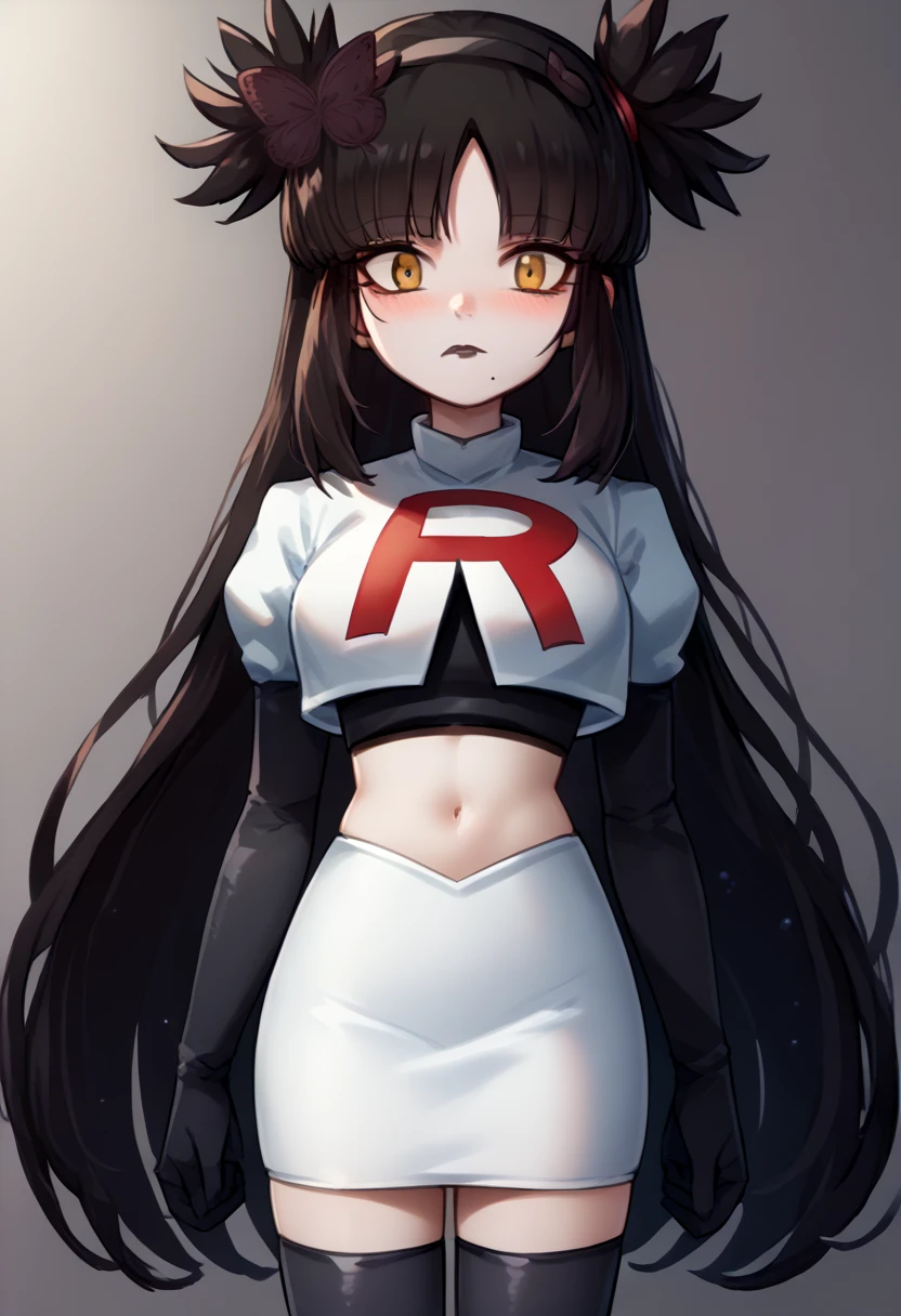 score_9, score_8_up, score_7_up, source_anime, solo, 1girl, mwophelia, mole under mouth, blush, looking at viewer, two side up, butterfly hair ornament, hairband, team rocket,team rocket uniform,white skirt,red letter R,crop top,black thigh-highs,black elbow gloves