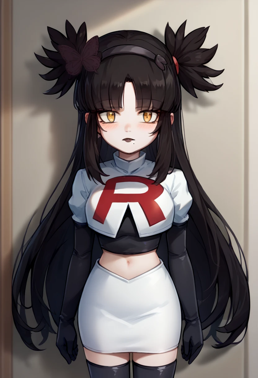 score_9, score_8_up, score_7_up, source_anime, solo, 1girl, mwophelia, mole under mouth, blush, looking at viewer, two side up, butterfly hair ornament, hairband, team rocket,team rocket uniform,white skirt,red letter R,crop top,black thigh-highs,black elbow gloves