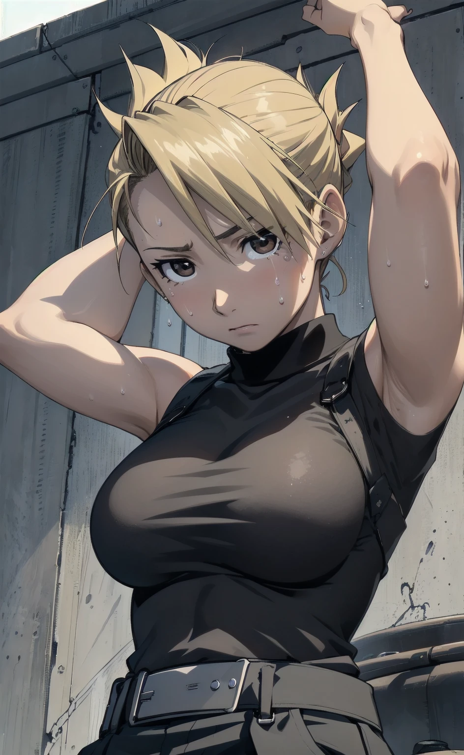 masterpiece,  top quality ,  high res,  One Girl , Hamriz,  ponytail,  brown eyes,big ,   black shirt ,   Tight Shirt  , , Short sleeve, belt, berry cover, blue pants ,indoor、 upper body close-up、 muscular body flowing through a bowl、、sweat、Composition from the front、Anime、((( person highlighting gray、 raises arms、Exposing both sides、sweat、Expectations)))