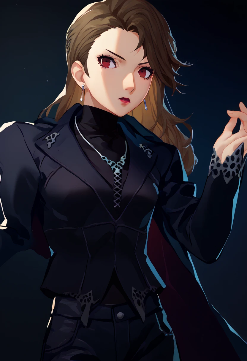 score_9, score_8_up, score_7_up, source_anime, solo, 1girl, makoto niijima, makeup, lipstick, looking at viewer, standing, contrapposto, brown hair, crown braid, red eyes, short hair, black jacket, long sleeves, black sweater, turtleneck sweater, black pants, earrings, necklace,  