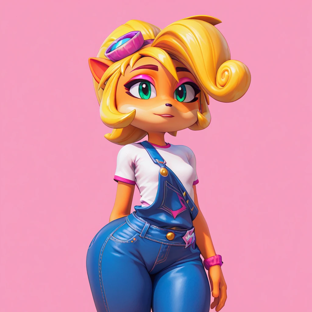 Score_9, score_8_up, score_7_up, score_6_up, Coco Bandicoot, 1 Girl, solo, coco bandicoot, short hair, blonde hair, green eyes, pointy ears, furry, Coco Bandicoot, female, furry, animal ears, orange fur, blonde hair, green eyes, pink eyeshadow, ponytail, long hair, googles on head, white shirt, short sleeves, pink sleeves, denim overalls pants, close view, standing, pink background, simple background, wide hips, small breasts, thick legs, Big ass, loli body, small girl, sexy body, seductive body, lolicon, Big ass, bouncing hips, wide hips, Big ass, 3d 