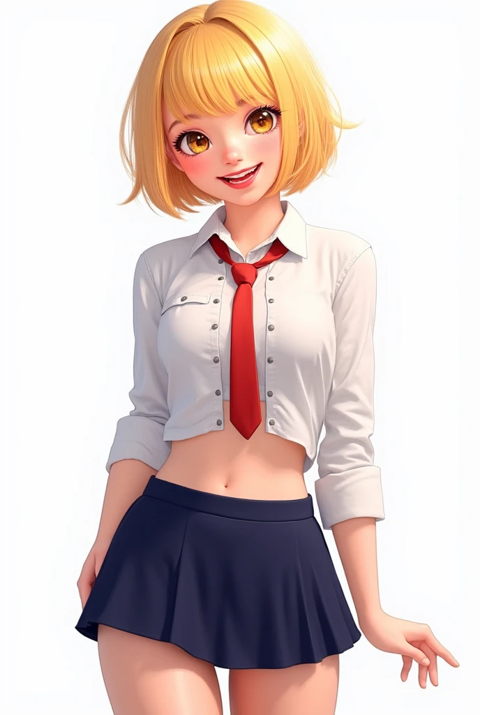 Emma Myers, short blonde hair , camisa blanca, red tie,  showing the stomach,Dark blue mini skirt, smile