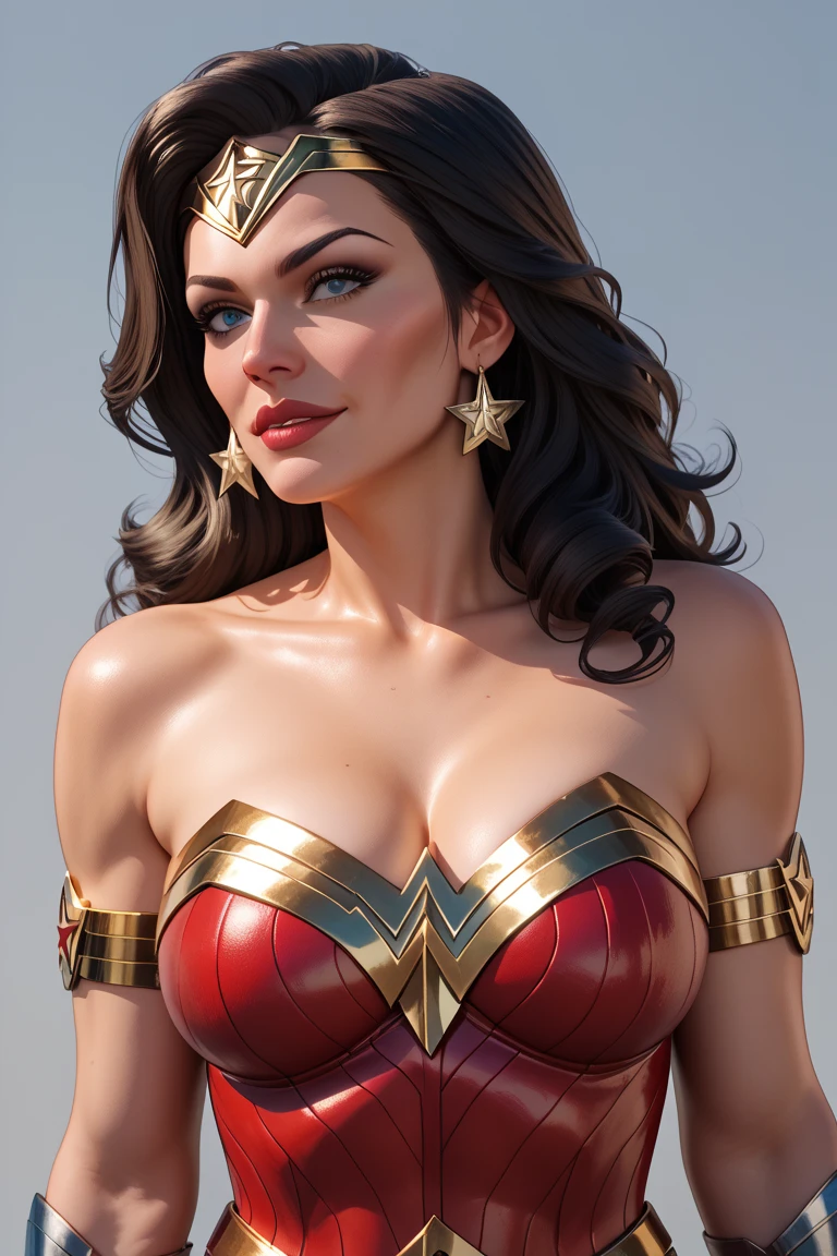 Lucy Pinder, smiling, ((Very Intense Makeup)), ((Brilliant lipstick)), cleavage, Wonder Woman, DC comics