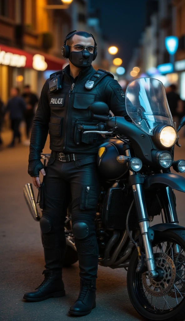 A full-body image of a muscular adult male, dressed in black leather police tactical clothing,mask,leather collar. tactical boots, and a police leather jacket. He wears leggings and smooth leather gear designed for full-body coverage, exuding a dark, tactical aura. The scene is set in an otherworldly city under low light, with faint illumination casting dramatic shadows. He stands beside a police heavy-duty motorcycle, enhancing the strange, fantasy-like atmosphere. The composition captures his commanding presence, blending tactical realism with a surreal, futuristic vibe.Special Weapons And Tactics,made out of leather.Tactical equipment...