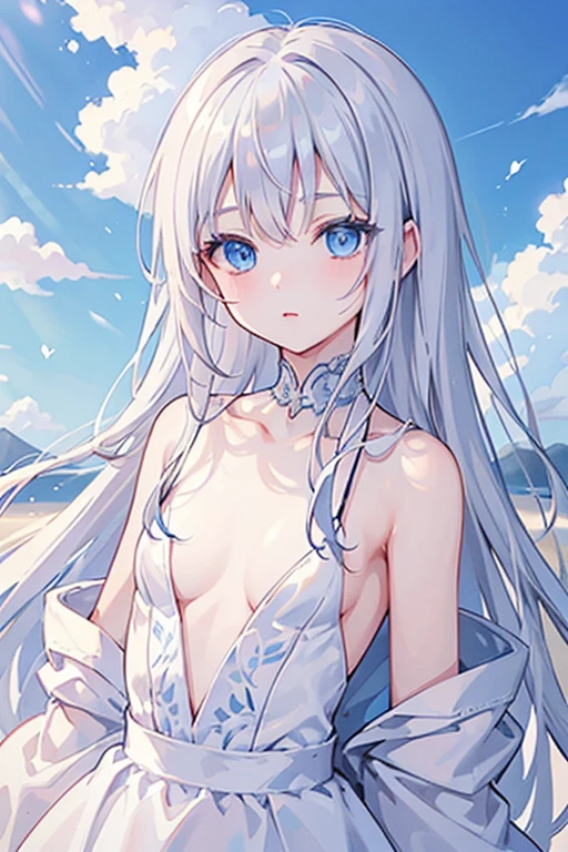 (masterpiece、 top quality 、 super detailed )、((  ))、 has a young face、 snow white skin 、(( Silver Hair))、(( small))、 long hair、(( sky blue eyes))、 are expressionless、(( not wearing clothes))、 that shows off my shoulders、(( small breasts))、 Breastless head、 looking at me 、