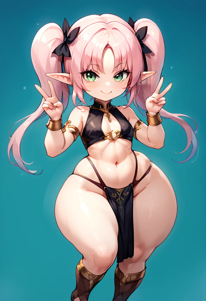 Sexy outfit, elf ears, pink hair, lewd expression, green eyes, short loincloth , twintails, tiara, sexy outfit, cute pose, peace sign, open stomach,  wide hips, shortstack