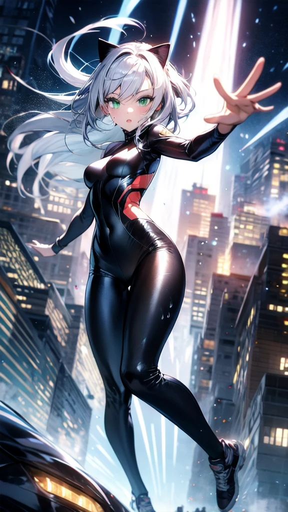 (masutepiece, 4K resolution, Ultra-realistic, Highly detailed), (Superhero theme in white costume, Charismatic, Girl on the street, Wearing a white Spider-Man costume, Superheroine), [((23 years old), (long white hair:1.2), full bodyesbian, (Blue eyes:1.2), (Spider-Man's Dynamic Pose) ((Rough urban environment):0.8)| (Urban landscape, during night, Dynamic Lights), (fullmoon))]