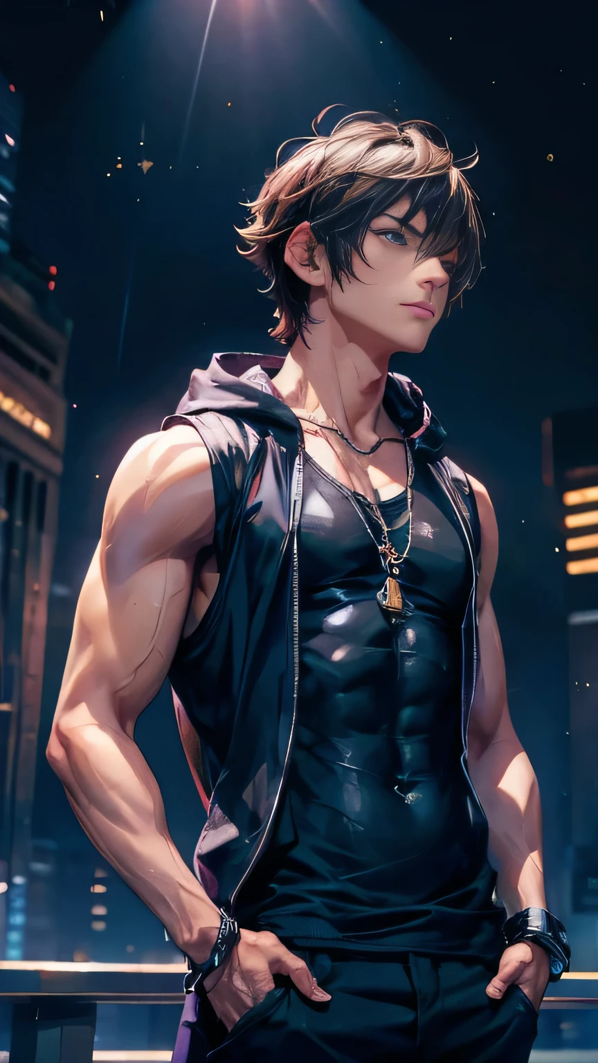 anime sexy man, black short hair, leather jacket, fishnet shirt, shoulder harness