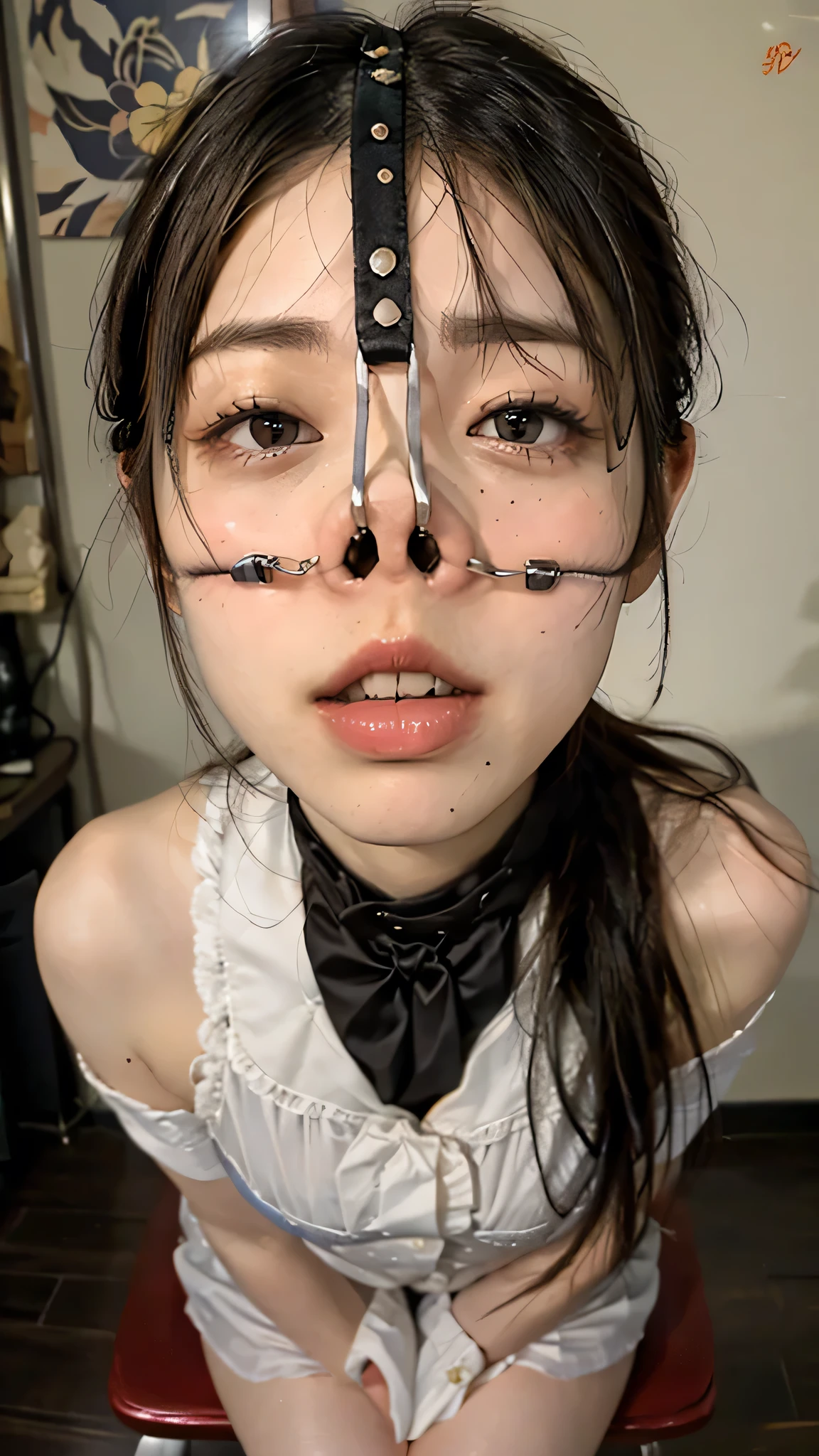 beautiful and attractive woman who matches fashion trends, ,( best quality realistic textured skin :1.4), beautiful eyes, detailed face , high quality eyes , close your eyes, Nose and mouth, focus on face , wonderful ( sex) elegant and charming Chinese beauty , delicate and charming feet, charming oval face, double eyelids,, pink lips, small nose, shoulder, focus on the face, sex, super high res, very detailed, whole body photo, Ultra thin transparent , A white off-shoulder shirt and a light blue slit skirt are the perfect combination....., fresh and delicious, And see through, movie lighting, rimlight, bob cut, choker ,,nsfw,(:1.3) ,(final:1.2),( vulgar:1.3),(So stupid:1.1),( steam:1.1),( wet:0.8),( is shaking:0.8),(tears:0.7) ,( makes me drool:0.6),(sweat:0.8),Crazy Eyes, Frowning, Raise your eyebrows , Frowning 、White and beautiful teeth,whole body, sits on a chair、( sits on a chair:1.5),(Tied up:1.5),whole body像,