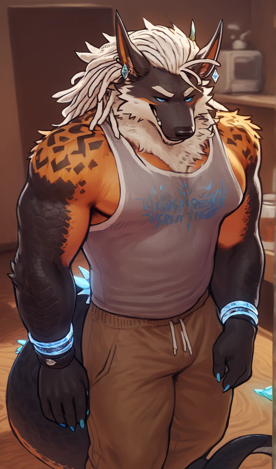   Gay, by dangpa, 25 years old, solo, front view, orange masculine wolf dragon, fit body, pierced ear, orange fur, white hair, full body, perfect anatomy, masterpiece, white beard, detailed eyes, glowing blue eyes, strong jaw, solo, great lighting, by bebebebe, by ZIXiong, by zackary911, by SligarTheTiger, by RED8EAN, icon, profile picture, sticker design, white outline, blue eyes, blue glow, dragon horns, Dreadlocks, dragon scaled arms, long tail, wolf head, black dragon scales, glowing blue nails, hair strand in face, Dreadlocks hairstyle, Diamond-Shaped Pupils, Nosebleed, white pupils, blue glowing iris, Super Detailed, High Details, High Resolution, Masterpiece, Digital Art,Cowboy Shot, full_body, Tanktop, sweatpants, bracelets, earrings, Crystal Earrings, Smirk, Laughing, Drunk, Fang Out, 