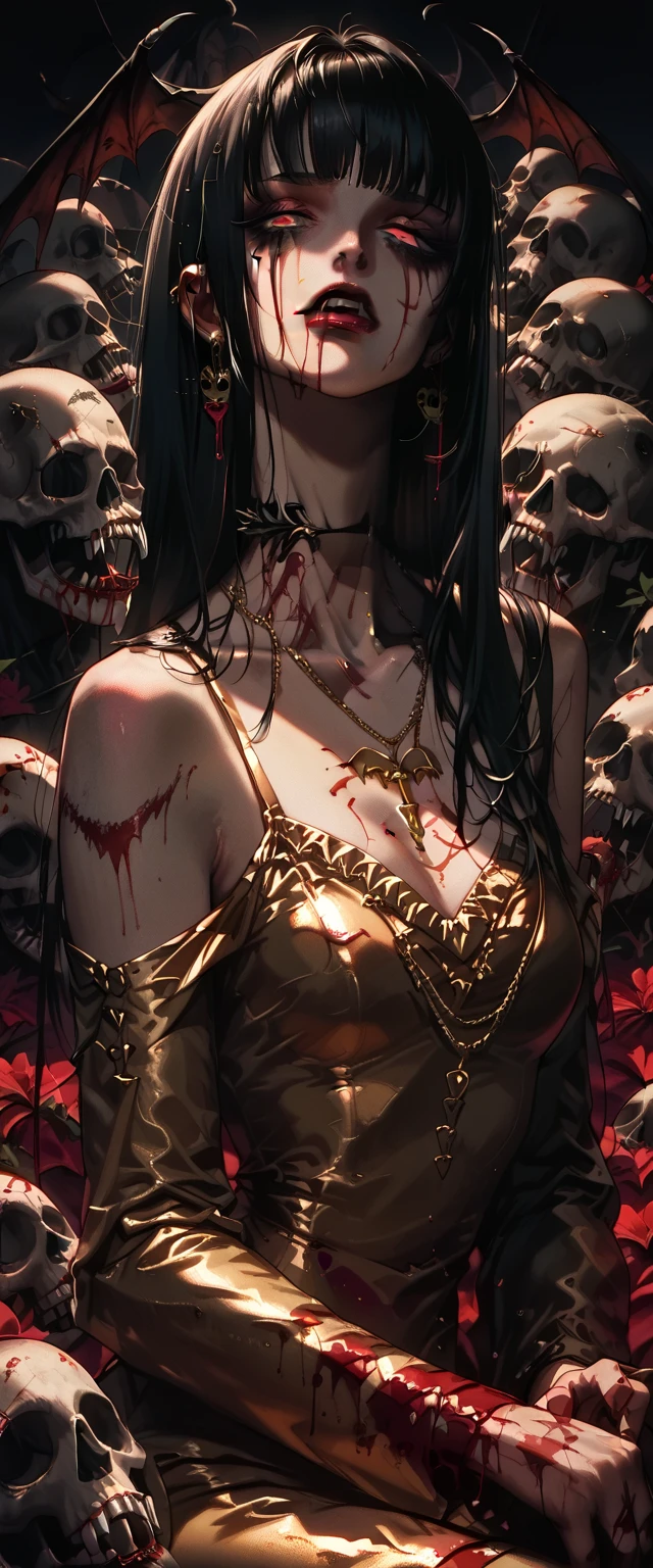  You can see a detailed plane of the shoulders, A woman's collarbones and neck , Vampire bite on the neck, blood, has a necklace, nice view,  hair with bangs , elegant neckline,  elegant dress,  gold dress,  dead flowers , flores, bats, skulls . Detail shot