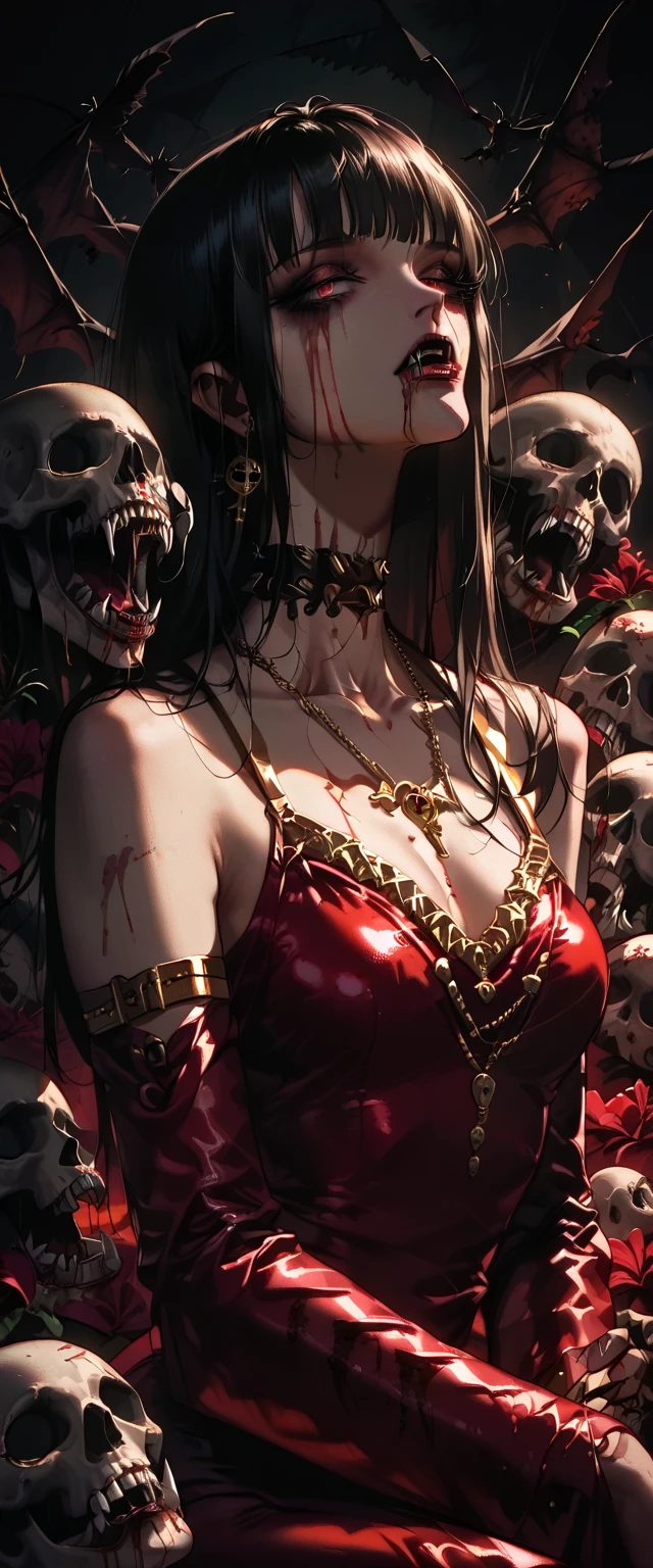  You can see a detailed plane of the shoulders, A woman's collarbones and neck , Vampire bite on the neck, blood, has a necklace, nice view,  hair with bangs , elegant neckline,  elegant dress,  gold dress,  dead flowers , flores, bats, skulls . Detail shot