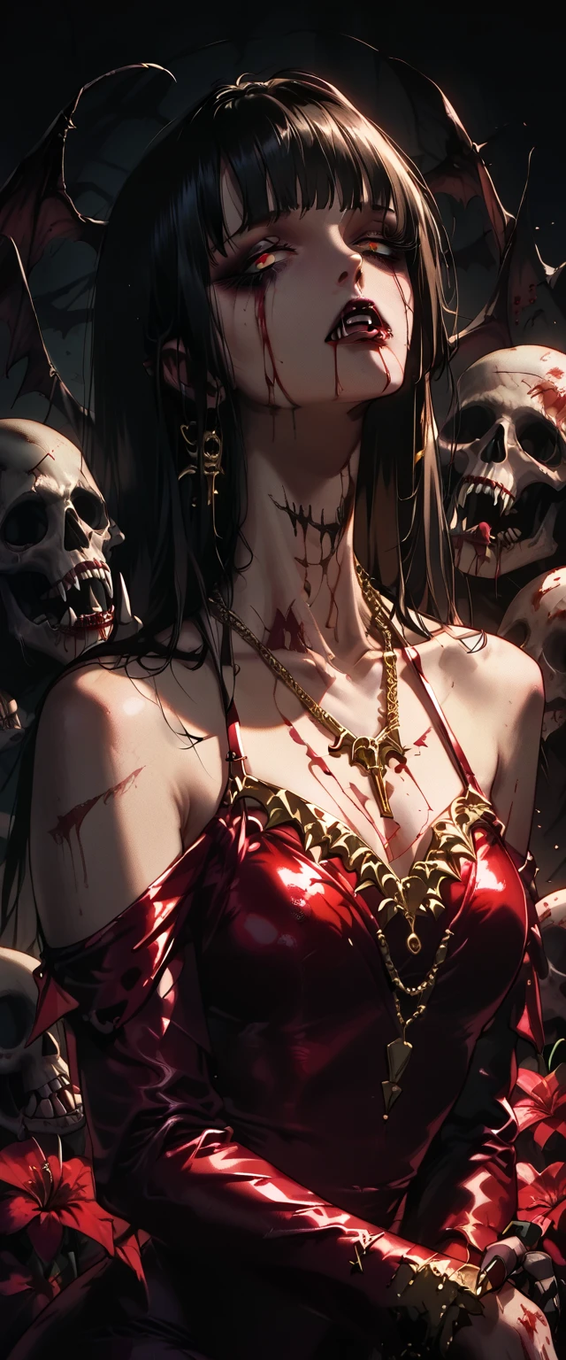  You can see a detailed plane of the shoulders, A woman's collarbones and neck , Vampire bite on the neck, blood, has a necklace, nice view,  hair with bangs , elegant neckline,  elegant dress,  gold dress,  dead flowers , flores, bats, skulls . Detail shot