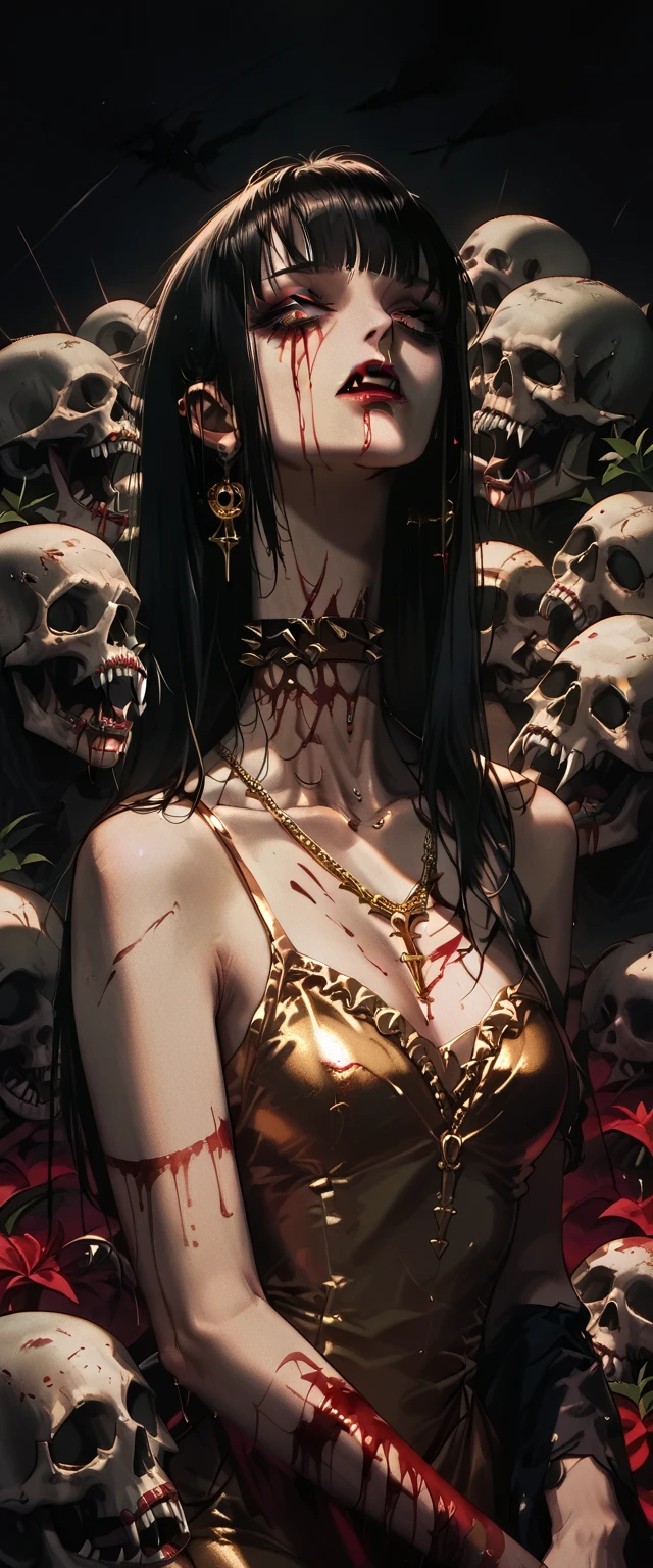  You can see a detailed plane of the shoulders, A woman's collarbones and neck , Vampire bite on the neck, blood, has a necklace, nice view,  hair with bangs , elegant neckline,  elegant dress,  gold dress,  dead flowers , flores, bats, skulls . Detail shot