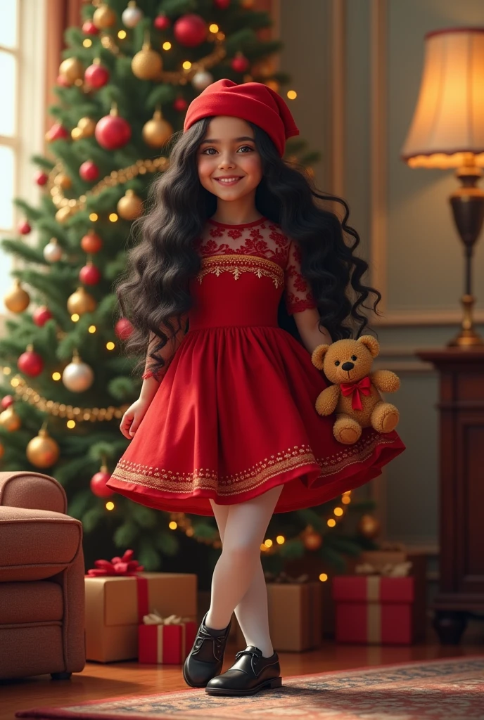 Fashion photography of children, red dress, strong sense of design, medium shot, 8-year-old girl, Indian little girl, long hair, hair accessories, delicate skin, cute and lively, simple background, high texture, backlight, professional studio lighting