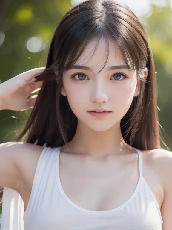 pure 20 year old girl 、(( white tank top ,  Dramatic Poses)),smile,Shortcut,Natural Parks、 RAW photos , (8k、 top quality 、​masterpiece:1.2)、( intricate detail:1.4)、( Photorealistic :1.4)、 octane rendering holding hair with hands、 intricate 3d rendering super detailed,  Studio Soft Light ,  rimlight,  bright details ,  super detailed ,  realistic skin texture, detail face,  BEAUTIFUL DETAIL EYES ABOUT TEEN BOYS,  High Definition CG Unity 16k Wallpaper , makeup, ( detailed background:1.2),  shiny skin,  full body 、Breast Cleft,((手を背中の後ろin組んin立っている、 in、Angle from above))