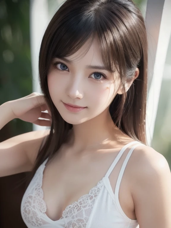 pure 20 year old girl 、(( white tank top ,  Dramatic Poses)),smile,Shortcut,Natural Parks、 RAW photos , (8k、 top quality 、​masterpiece:1.2)、( intricate detail:1.4)、( Photorealistic :1.4)、 octane rendering holding hair with hands、 intricate 3d rendering super detailed,  Studio Soft Light ,  rimlight,  bright details ,  super detailed ,  realistic skin texture, detail face,  BEAUTIFUL DETAIL EYES ABOUT TEEN BOYS,  High Definition CG Unity 16k Wallpaper , makeup, ( detailed background:1.2),  shiny skin,  full body 、Breast Cleft,((手を背中の後ろin組んin立っている、 in、Angle from above))