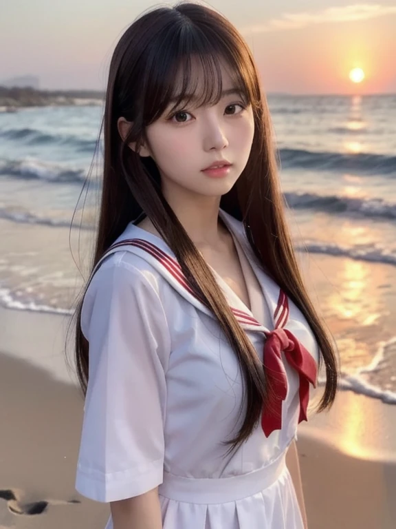  a Japanese woman who looks like an idol  , long hair , straight hair , Round face , bust up ,  sailor suit  ,  as pictured  , Golden sand beach at sunset 