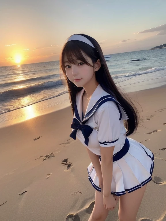  a Japanese woman who looks like an idol  , long hair , straight hair , Round face , bust up ,  sailor suit  ,  as pictured  , Golden sand beach at sunset 