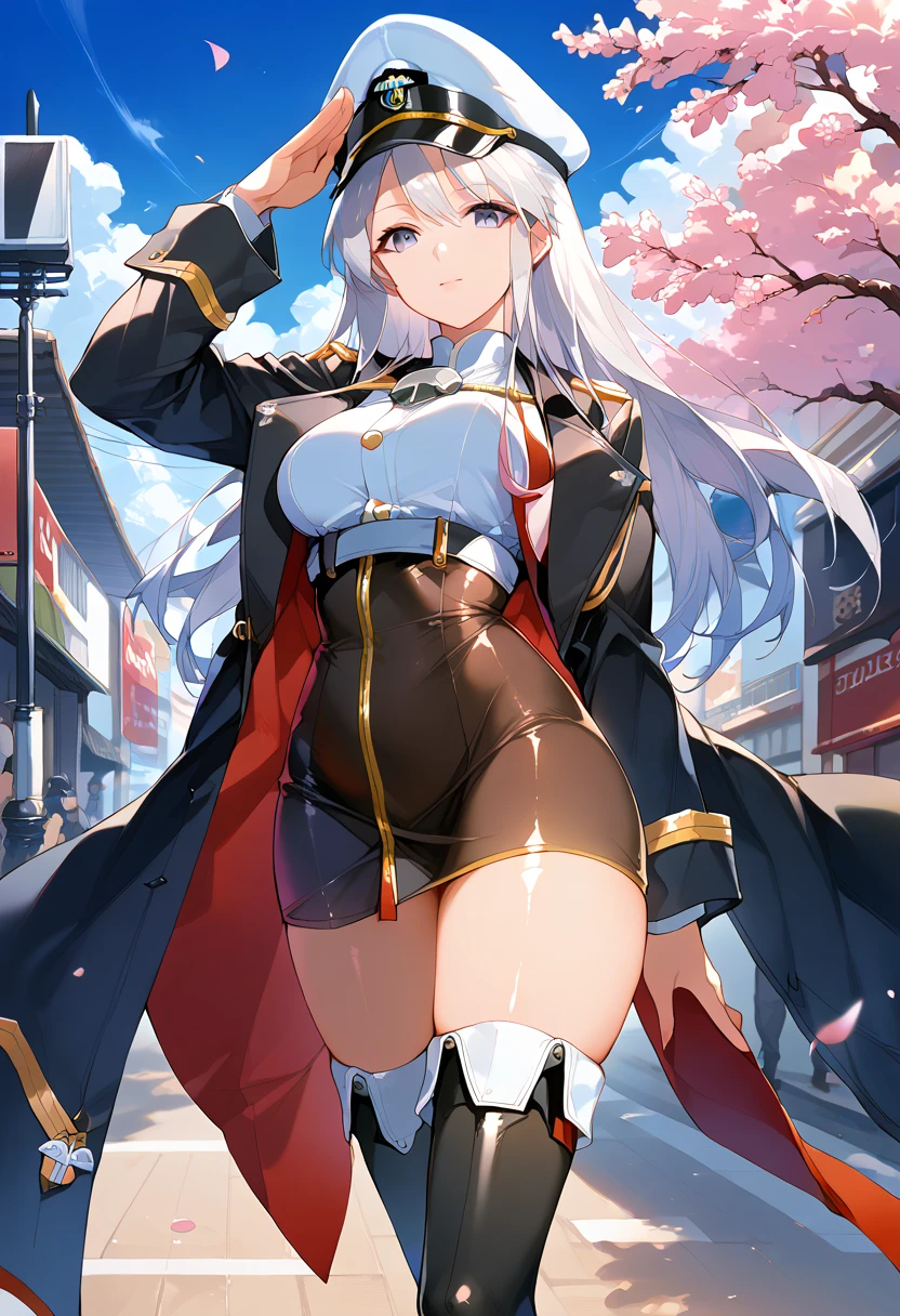 score_9, score_8_up, score_7_up, source_anime, (street, cherry blossoms), (close-up), (curvaceous,, solo, outdoors,shiny skin,looking at viewer, salute,standing,epsd, military hat, eagle union (emblem),  military coat,  thighhigh, black high heel boots,)