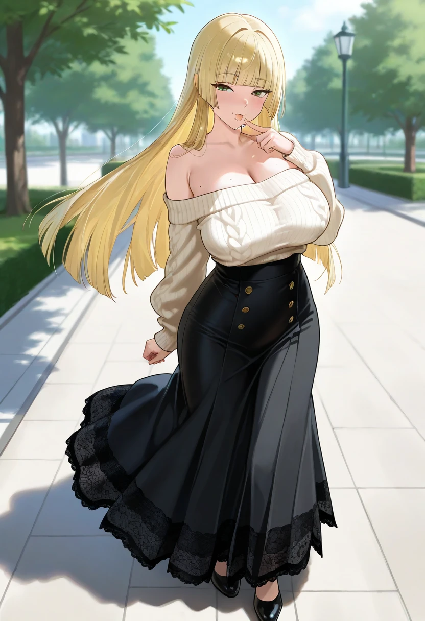 (masterpiece, best quality, amazing quality, very aesthetic, absurdres, newest:1), masterpiece,best quality,amazing quality,long hair,gold hair, ((hime cut)),straight hair ,green eyes,milf face, (mole under mouth),big breast,((white off-shoulder sweater)), cleaved breast ,big hip,(black lace-trimmed skirt)(black high-waist skirt),(long skirt),standing large park,full body ,front view,long view 