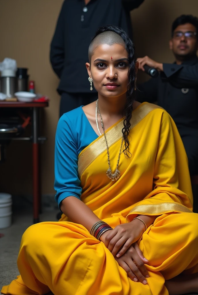 bald woman rad saree