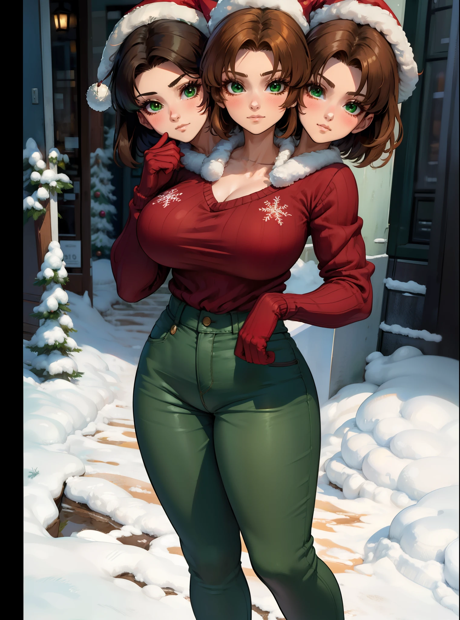 masterpiece),(ultra-detailed), (high quality), (high resolution), (best quality:1.5, highres, UHD), highres, absurdo, ultra detail, ultra quality, Ultra resolution, 16k, ((2heads:1.5)), 1girl, ((anime girl with two heads)), ((brown hair)), green eyes, ((red and green Christmas sweater)), outside Christmas background)), green pants, winter gloves