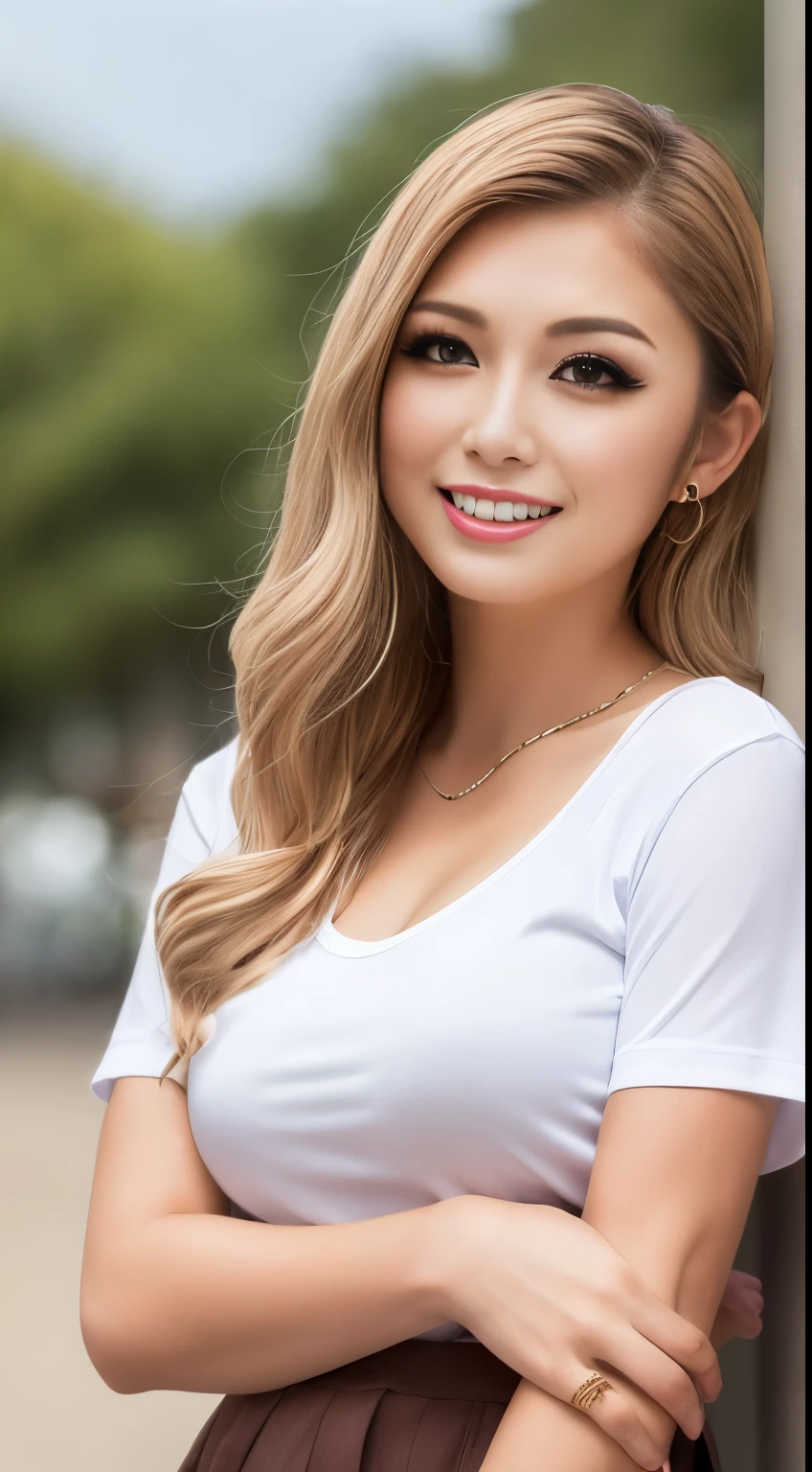 ８ＫＲＡＷphotograph,  top quality , masterpiece,  super high res,  One girl ,  Japanese , (( light blond_hair)), Watching viewers,  tanned skin:1.4, Dark Skin:1.4, Light brown_eye, detailed eyes and face, eyeshadow, blonde hair, smile, teeth,  skinny,  slim_feet, Super short skirt, teeth,  shirt, Seaside, (  detailed background), ((nude)), white  shirt, huge breasts,  clevis on a stone, Blur background, Blur,  holding,  check pattern , Short sleeve,  Bracelet ,
