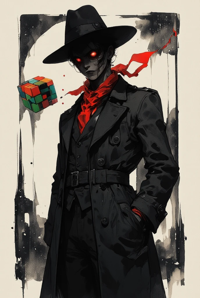 There is a picture of a phantom in a khaki trench coat, wearing a hat with a red scarf wrapped around his neck,シェーディングanimeーションセル, anime, Cell Shadow, Black stencil, animeーションセル制作, animes,  Low saturation !!,  with a Rubik's cube in my right hand 