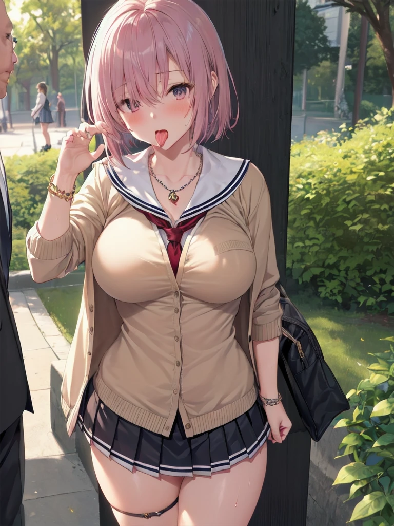          mature woman    、      focus on a dynamic pose     ,   Big Breasts,         school uniform,         sailor suit ,        high school girl  ,           cardigan       ,          cosplay, Big Breasts,               Open your chest wide                , ,(            Miniskirt Length         :1.3),  (グレーの   フロントクロージャー付き        cardigan       ),     ,(           sweated ,  glowing skin:1.1), (   Night Park:1.2),        outdoor      ,sunlight,       Spotlight Effects      , darkroom,(     high image quality,             High Quality        :1.1),             intricate details to highlight arms between arms and legs      ,            Movie Screenplay               ,             1 girl,(,     she's so shy   ),(            necklace           ,              Bracelet That Stares at the Viewer  ),    1 obese man   ,(   man standing in front of a woman   :1.2),(senior citizen),(女性に     penisを向ける:1.2) ((      penis:1.3))、     Side View     ,    ((  fellatio:1.2)),(男の     penisを咥えます),(:1.2),  ,(     penisを舐めます),  