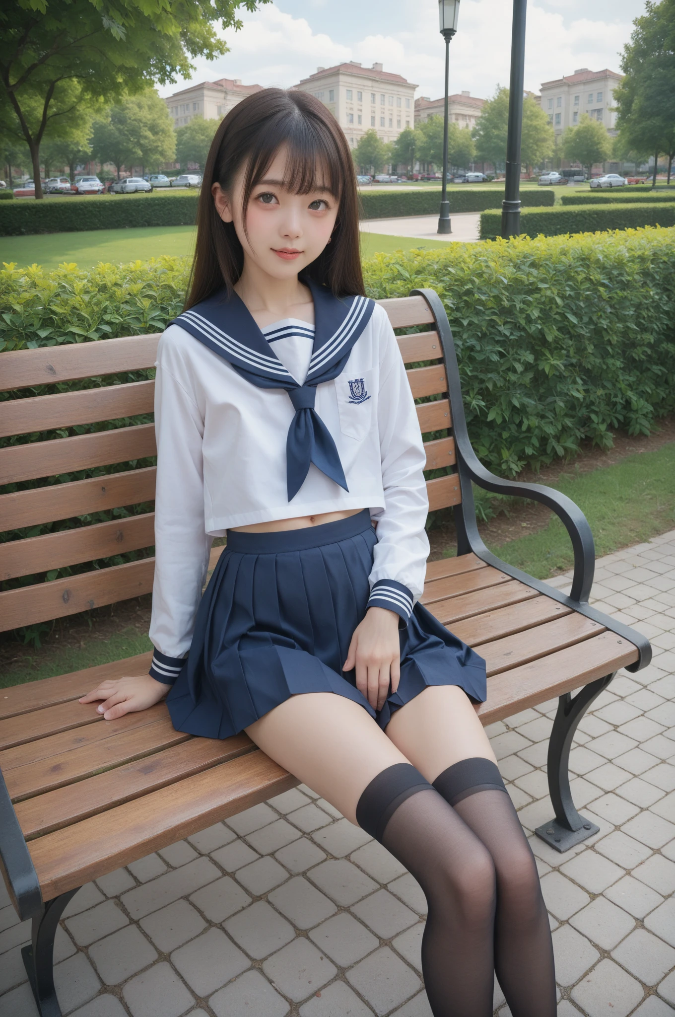   sailor suit ,***************************, cute girl,masterpiece,4K,8k,16k,  black stockings,  sit on a park bench , is short