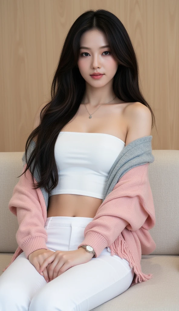 Ultra realistic photography of Korean female model with oiled porcelain skin with big breast, with very long wavy black hair. toned abs, She has facial aesthetic of kpop singer NingNing from Aespa. The woman's skin has a natural texture and visible pores.  Golden hazel iris, The depth of field is shallow.  sitting casually on a cream-colored sofa in an indoor setting. She is wearing a soft, pastel pink shawl with a
light gray inner lining, draped elegantly over her shoulders. The shawl features fringed edges, adding a cozy and fashionable touch. Underneath, she has a white tank top paired with fitted white pants, creating a clean and harmonious look. Her long, straight hair falls naturally over her shoulders, and she wears a delicate necklace and a minimalist wristwatch, adding subtle elegance. The composition is front-facing, with the subject slightly angled to the side, her gentle smile and relaxed posture conveying warmth and comfort. The background includes a neutral wooden wall, complementing the soft and calming tones of the outfit. The lighting is soft and even, enhancing the cozy and inviting mood of the image. real photo.
vibrant atmosphere, real scene, natural style, high detail, proper human anatomy, camelnoes crutch, thigh gap, Camera Canon EOS 5D Mark IV, Not NSFW , lean forward pose                    